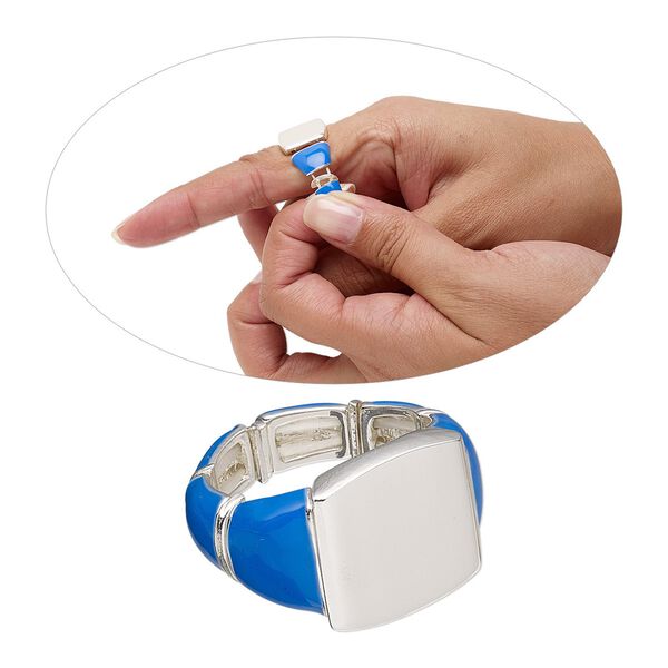 Ring, stretch, enamel and silver-finished "pewter" (zinc-based alloy), lapis blue, 15.5mm wide with 16x5.5mm rectangle setting, size 8-1/2. Sold individually. image number 0