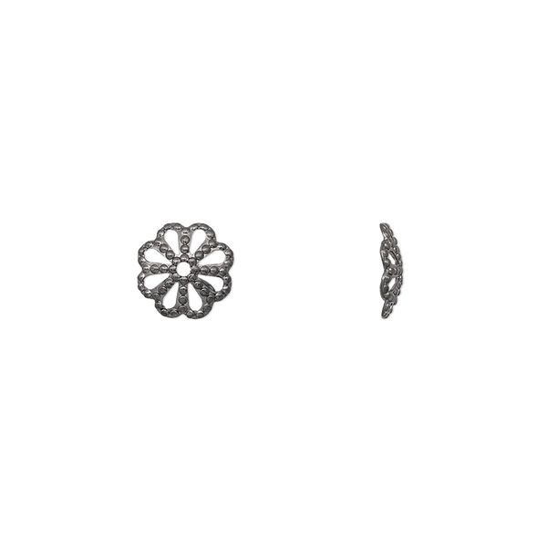 Bead cap, gunmetal-plated brass, stamped, 8x2mm fancy round with cutout pattern, fits 8-10mm bead. Sold per pkg of 100. image number 0