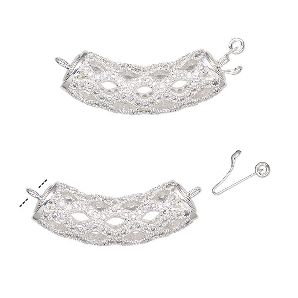 Clasp, tab with safety, cubic zirconia and silver-plated brass, clear, 29x9mm fancy curved tube with cutout diamond design. Sold individually. image number 0