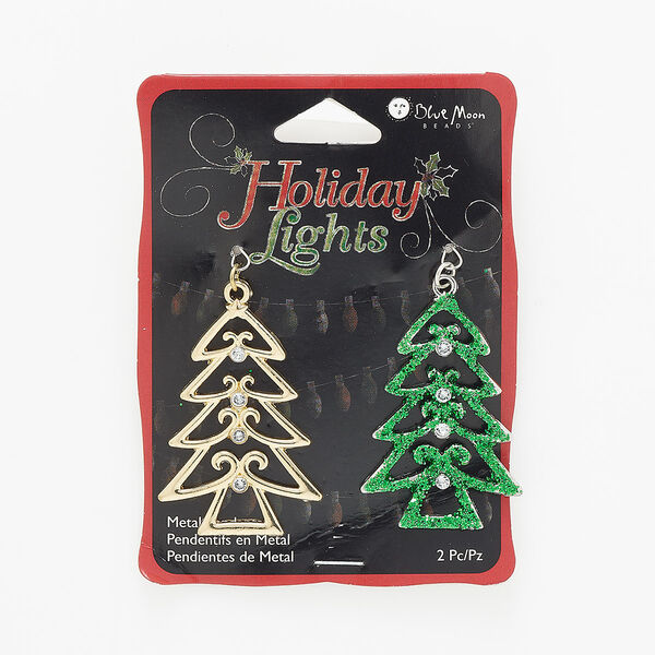 Focal, glass / steel / silver- / gold-finished "pewter" (zinc-based alloy), clear and green, 44x30mm Christmas tree with glitter and cutout design. Sold per pkg of 2. image number 0