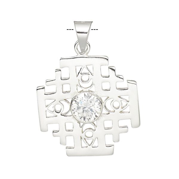 Pendant, sterling silver and cubic zirconia, clear, 25mm single-sided cross. Sold individually. image number 0