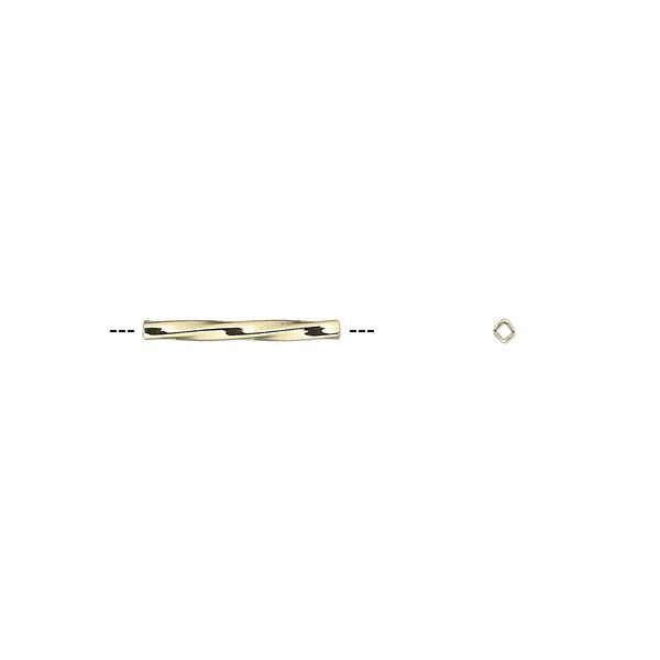 Bead, gold-plated brass, 13x1mm twisted square tube. Sold per pkg of 20. image number 0