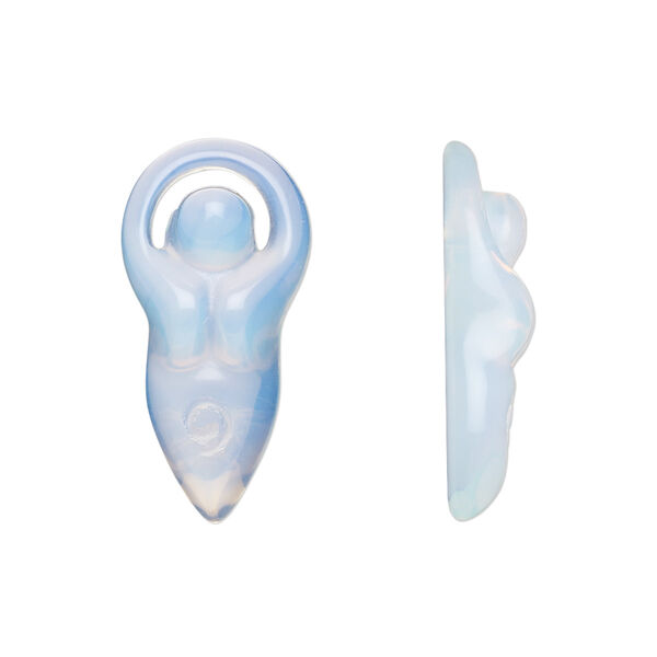 Component, sea "opal" (glass), 24x12mm-26x13mm hand-cut undrilled single-sided goddess. Sold individually. image number 0