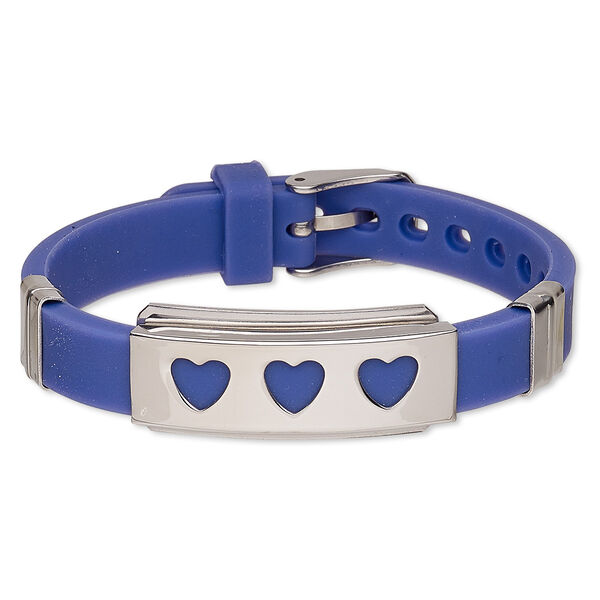 Bracelet, Softique™, silicone and stainless steel, purple, 16mm wide with 39x16mm rectangle and cutout hearts, adjustable from 5-1/2 to 7-1/2 inches with buckle-style closure. Sold individually. image number 0