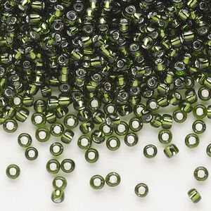 Seed bead, Dyna-Mites™, glass, silver-lined translucent olive green, #8 round. Sold per 1/2 kilogram pkg.