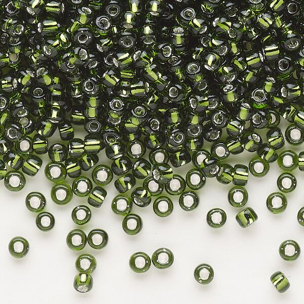 Seed bead, Dyna-Mites™, glass, silver-lined translucent olive green, #8 round. Sold per 1/2 kilogram pkg. image number 0