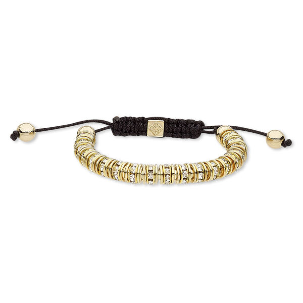 Bracelet, glass rhinestone / nylon / gold-finished steel / "pewter" (zinc-based alloy), black and clear, 8mm wide, adjustable from 6-8 inches with macramé knot closure. Sold individually. image number 0