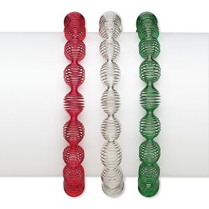Bracelet 1pkg3, stretch, steel and silver-plated steel, silver / red / green, 10mm wide with rondelle design, 6-1/2 inches.
