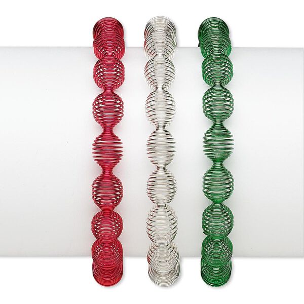 Bracelet 1pkg3, stretch, steel and silver-plated steel, silver / red / green, 10mm wide with rondelle design, 6-1/2 inches. image number 0
