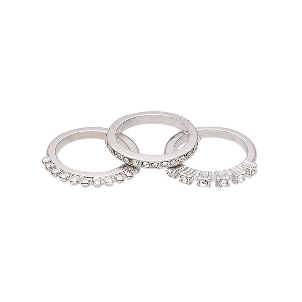 Ring, glass rhinestone and imitation rhodium-finished "pewter" (zinc-based alloy), clear, 3mm wide, size 8. Sold per 3-piece set. image number 0