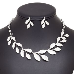 Necklace and earring set, silver-plated brass / steel / "pewter" (zinc-based alloy), leaf, 15" to 16" necklace with 2-inch extender chain and lobster claw clasp, 27mm earrings with post. Sold per set.