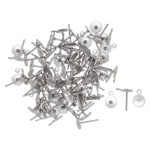 Earstud 1pkg100, 6mm round / closed loop / 6mm round glue in setting, silver-finished matte steel 50 pair