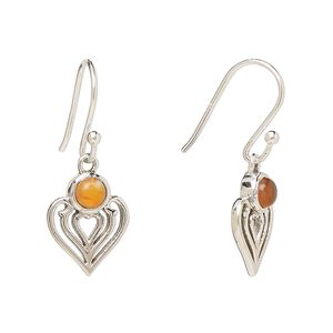 Earring, Create Compliments®, antiqued sterling silver and carnelian (dyed/heated), fishhook, 28.5mm with 15x9mm single-sided heart, 21 gauge. Sold per pair.