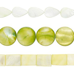 Bead mix, mother-of-pearl shell (dyed), lime green and lemon, 20x15mm-25mm mixed shapes with 0.6-0.8mm hole, Mohs hardness 3-1/2. Sold per pkg of (3) 15-inch strands.