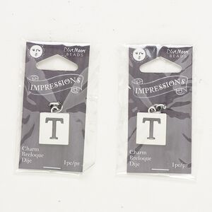 Drop, silver-finished "pewter" (zinc-based alloy) and steel, 16x15mm square with cutout alphabet letter "T." Sold per pkg of 2.