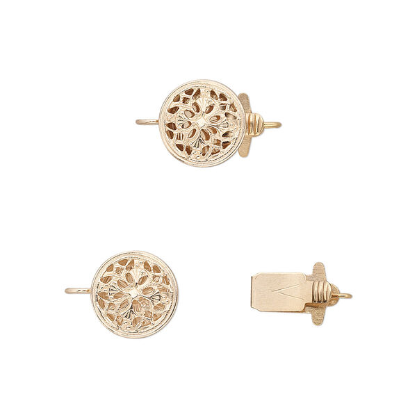 Clasp, tab, 14Kt gold-filled, 9mm round with flower design. Sold individually. image number 0