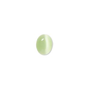 Cabochon, cat's eye glass (fiber optic glass), light green, 10x8mm calibrated oval, quality grade. Sold per pkg of 10.