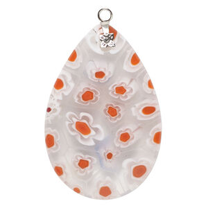 Focal, millefiori glass and silver-finished steel 1pkg1, transparent red-orange / clear / white, 47x31mm-48x32mm puffed teardrop.