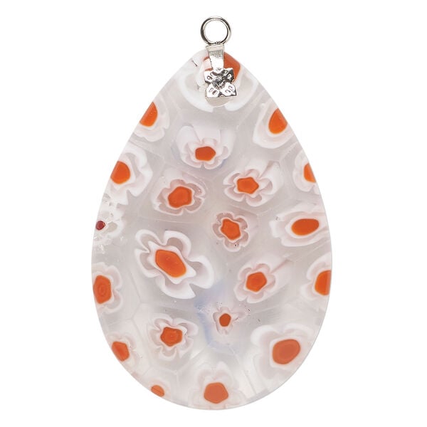Focal, millefiori glass and silver-finished steel 1pkg1, transparent red-orange / clear / white, 47x31mm-48x32mm puffed teardrop. image number 0