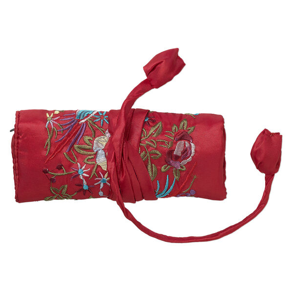 Jewelry roll, embroidered nylon brocade, red and multicolored, 6-1/4x3 inches closed, 9x6-3/4 inches open, phoenix design, tie-cord closure. Sold individually. image number 0