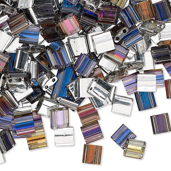 Seed bead, TILA®, glass, pkg/250g, 5mm full tila square, opaque heliotrope crystal clear (TL-4554). image number 0