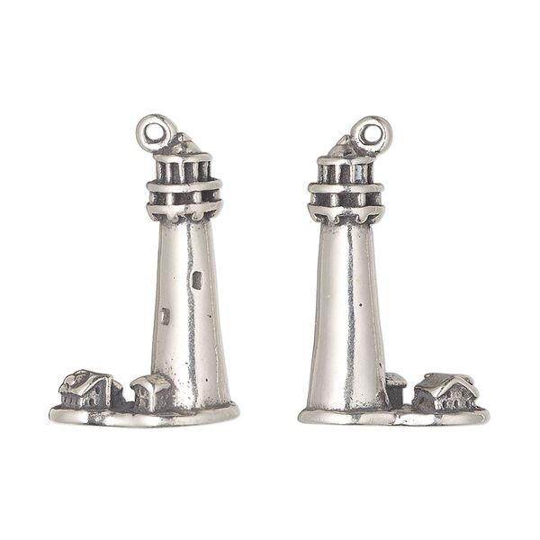 Charm, antiqued sterling silver, 23x15.5mm 3D lighthouse. Sold individually. image number 0