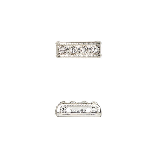 Spacer bar, silver-finished "pewter" (zinc-based alloy) and glass, clear, 12.5x4.5mm rectangle, 2-strand with crystals on one side, fits up to 6mm beads. Sold per pkg of 6. image number 0