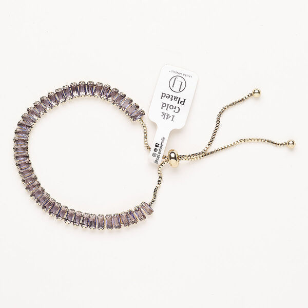 Bracelet, adjustable, brass / glass / silicone, pkg/1, 6 to 10 inches, gold plate and alexandrite. image number 0