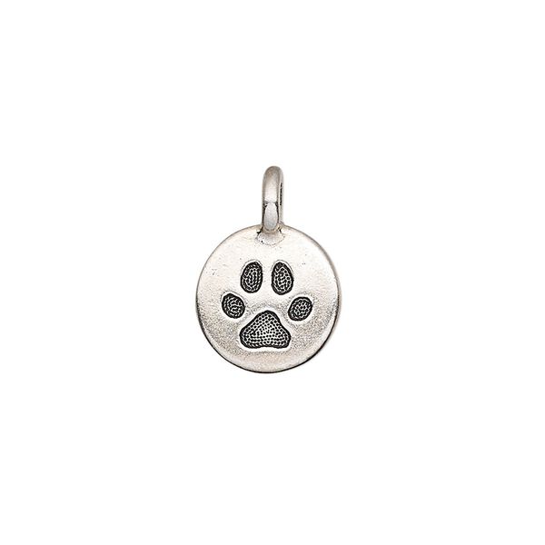 Drop, TierraCast®, antique silver-plated pewter (tin-based alloy), 11.5mm single-sided round with paw print. Sold per pkg of 2. image number 0