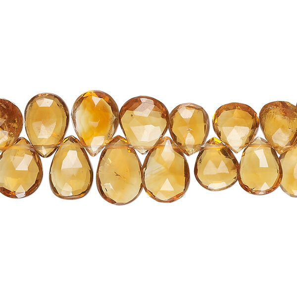 Bead, golden citrine (heated), 9x6mm-11x7mm hand-cut top-drilled faceted puffed teardrop, B+ grade, Mohs hardness 7. Sold per 8-inch strand, approximately 55 beads. image number 0