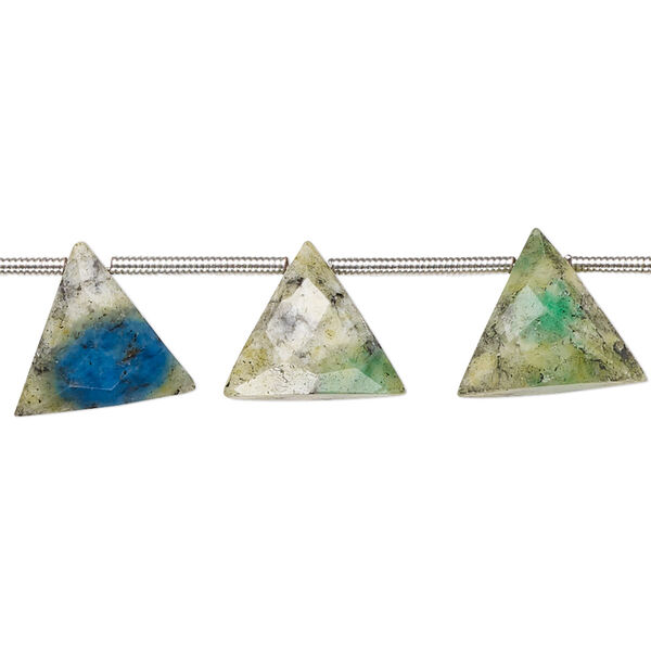 Bead, K2 "jasper" (granite and azurite) (natural), 11-13mm hand-cut top-drilled faceted puffed triangle with 0.4-1.4mm hole, B- grade, Mohs hardness 3-1/2 to 7. Sold per pkg of 12. image number 0