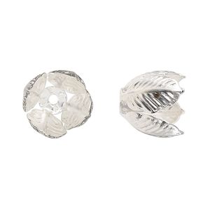 Bead cap, silver-finished copper, 15x14mm leaves, fits 10-12mm round bead. Sold per pkg of 10.