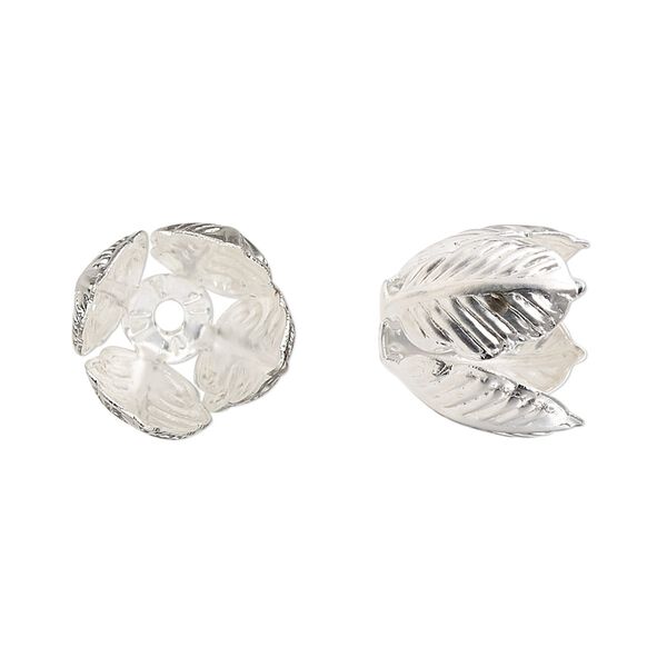 Bead cap, silver-finished copper, 15x14mm leaves, fits 10-12mm round bead. Sold per pkg of 10. image number 0