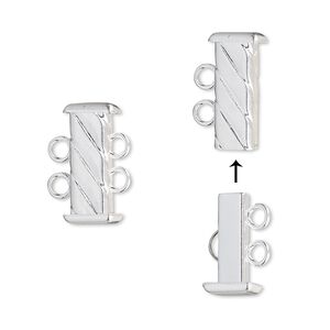 Clasp slide lock 1pkg4 silver-plated, 16x7mm corrugated rectangle tube, brass 2-strand