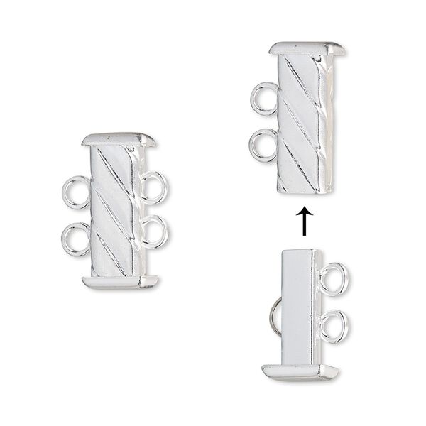 Clasp slide lock 1pkg4 silver-plated, 16x7mm corrugated rectangle tube, brass 2-strand image number 0