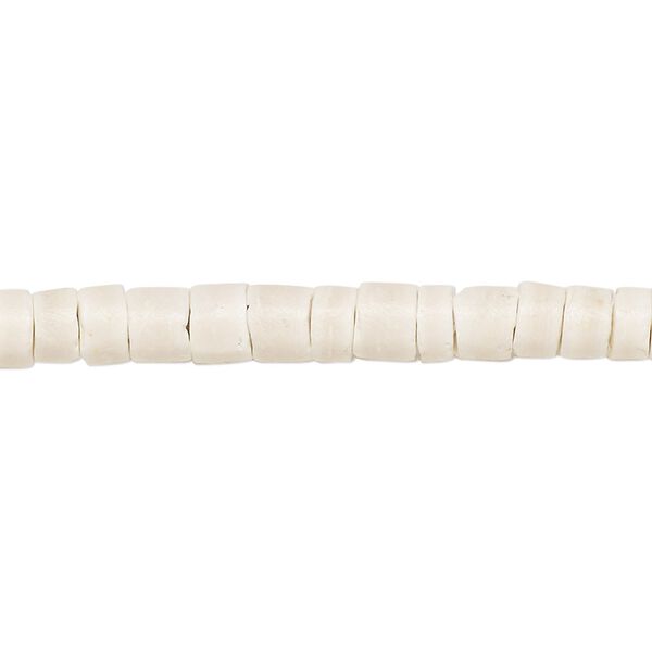 Bead, coconut shell (bleached / waxed), white, 5-6mm hand-cut heishi. Sold per pkg of (2) 24-inch strands. image number 0