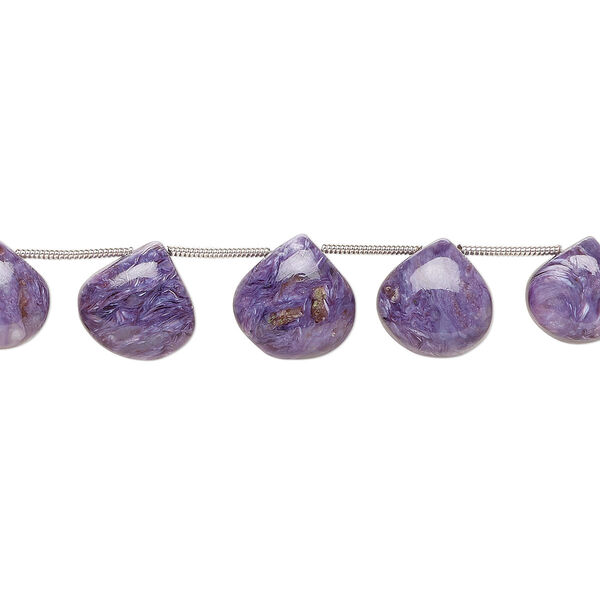 Bead, charoite (natural), 11-14mm graduated hand-cut top-drilled puffed teardrop, B grade, Mohs hardness 5 to 6. Sold per pkg of 5. image number 0
