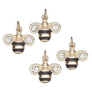 Charm, gold-finished "pewter" (zinc-based alloy), enamel and glass, black and clear, 19x14.5mm single-sided bee. Sold per pkg of 4.