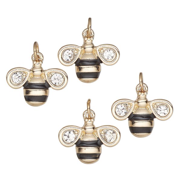 Charm, gold-finished "pewter" (zinc-based alloy), enamel and glass, black and clear, 19x14.5mm single-sided bee. Sold per pkg of 4. image number 0