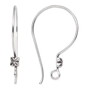 Ear wire, antiqued sterling silver, 28mm French style with 5mm flower and open loop, 19 gauge. Sold per pair.