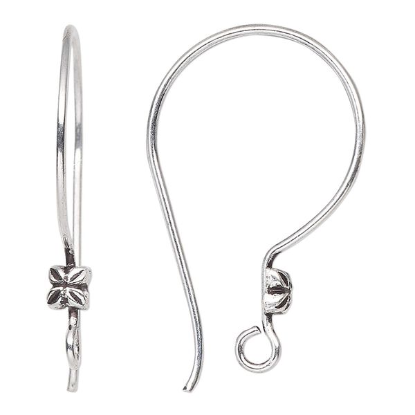 Ear wire, antiqued sterling silver, 28mm French style with 5mm flower and open loop, 19 gauge. Sold per pair. image number 0