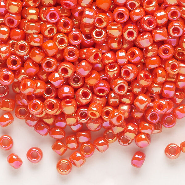 Seed bead, Dyna-Mites™, glass, opaque rainbow orange, #6 round. Sold per 40-gram pkg. image number 0