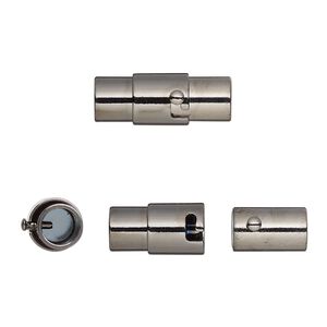 Clasp, magnetic, gunmetal-plated brass, 18x7mm locking round tube with glue-in ends, 5mm inside diameter. Sold per pkg of 2.