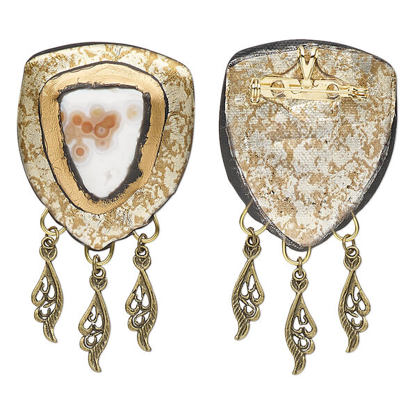 Brooch, One of a Kind Jewelry, ocean jasper (natural) / gold-finished steel and "pewter" (zinc-based alloy) / antique brass-plated "pewter", 3 x 1-1/2 inches. Only one available. image number 0