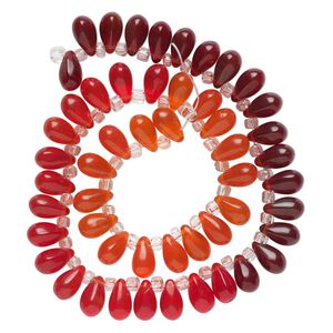 Bead, glass, transparent red, dark red and orange, 11x7mm top-drilled teardrop with irregular rondelles. Sold per 14-inch strand.