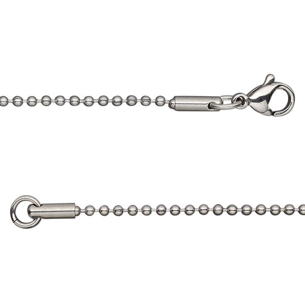 Chain, stainless steel, 1.5mm ball, 18 inches with lobster claw clasp. Sold individually. image number 0