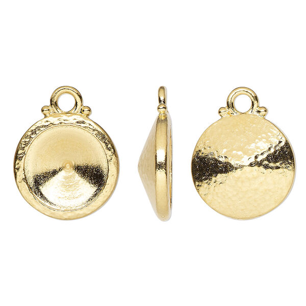 Drop, TierraCast®, Almost Instant Jewelry®, gold-plated pewter (tin-based alloy), 15mm hammered round with 12mm rivoli glue-in setting (1122). Sold per pkg of 2. image number 0