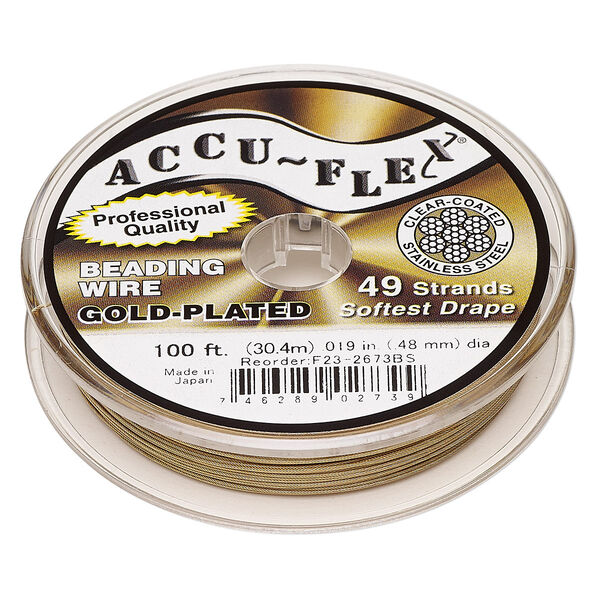 Beading wire, Accu-Flex®, nylon and 24Kt gold-plated stainless steel, clear, 49 strand, 0.019-inch diameter. Sold per 100-foot spool. image number 0