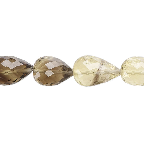 Bead, lemon smoky quartz (heated / irradiated), 11x9mm-16x9mm hand-cut micro-faceted teardrop, B+ grade, Mohs hardness 7. Sold per 7-inch strand, approximately 10 beads. image number 0