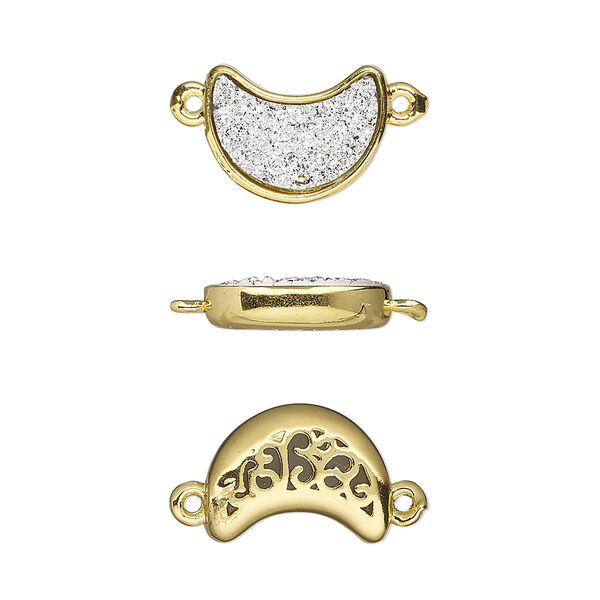 Link, Druzylite™, "druzy" (resin) and gold-finished brass, silver, 14x10mm two-sided moon with open filigree back. Sold per pkg of 4. image number 0